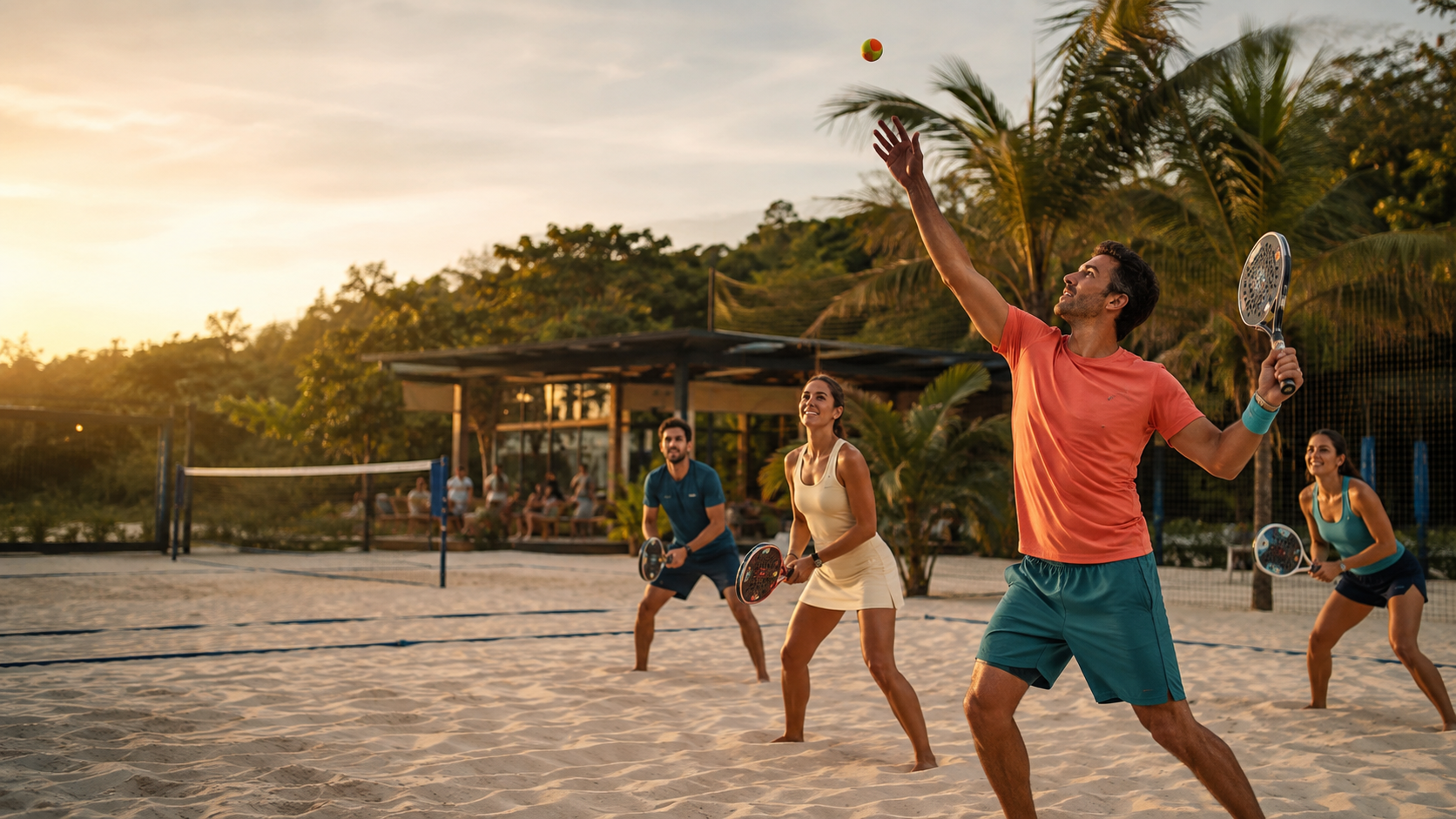 Quatro amigos adultos jogando beach tennis em uma arena fictícia